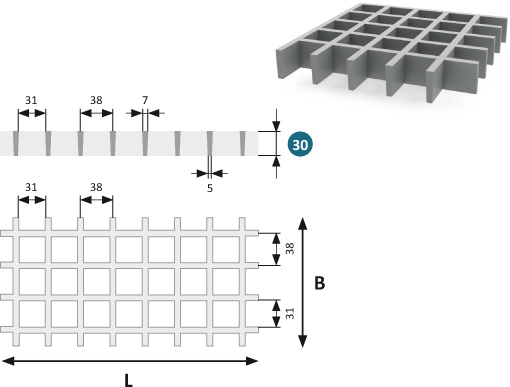 Kunststoffgitter GRP ISO 30 38x38/30x7 1000x1000mm
