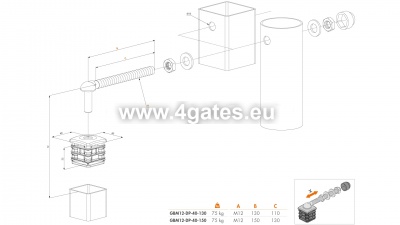 Hingede komplekt Locinox GBM12-DP alumiiniumiga, tugevdatud pistik, kruvi M12x130 mm (2tk)